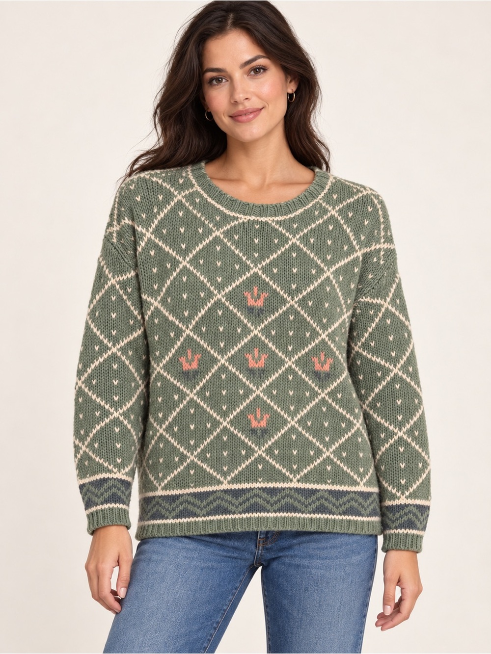 Gabrielle’s Choice Women's Green Patterned Crewneck Sweater